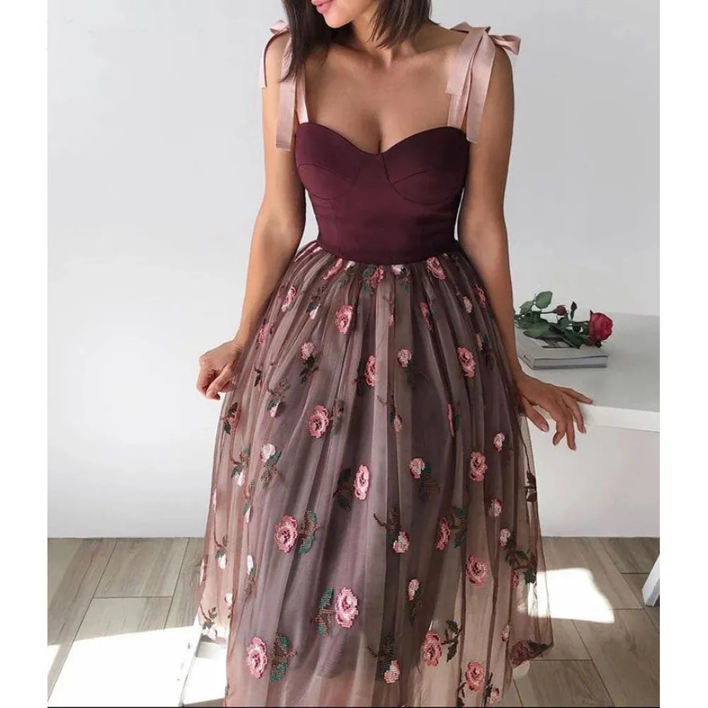 A-line Tulle Short Prom Dress Floral Skirt Tea Length Women Casual Gown OKW86