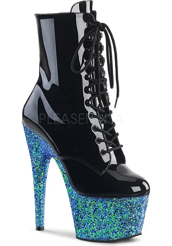 ADORE-1020LG [Black Pat/Blue Glitter] | PLATFORM BOOTS [PREORDER]