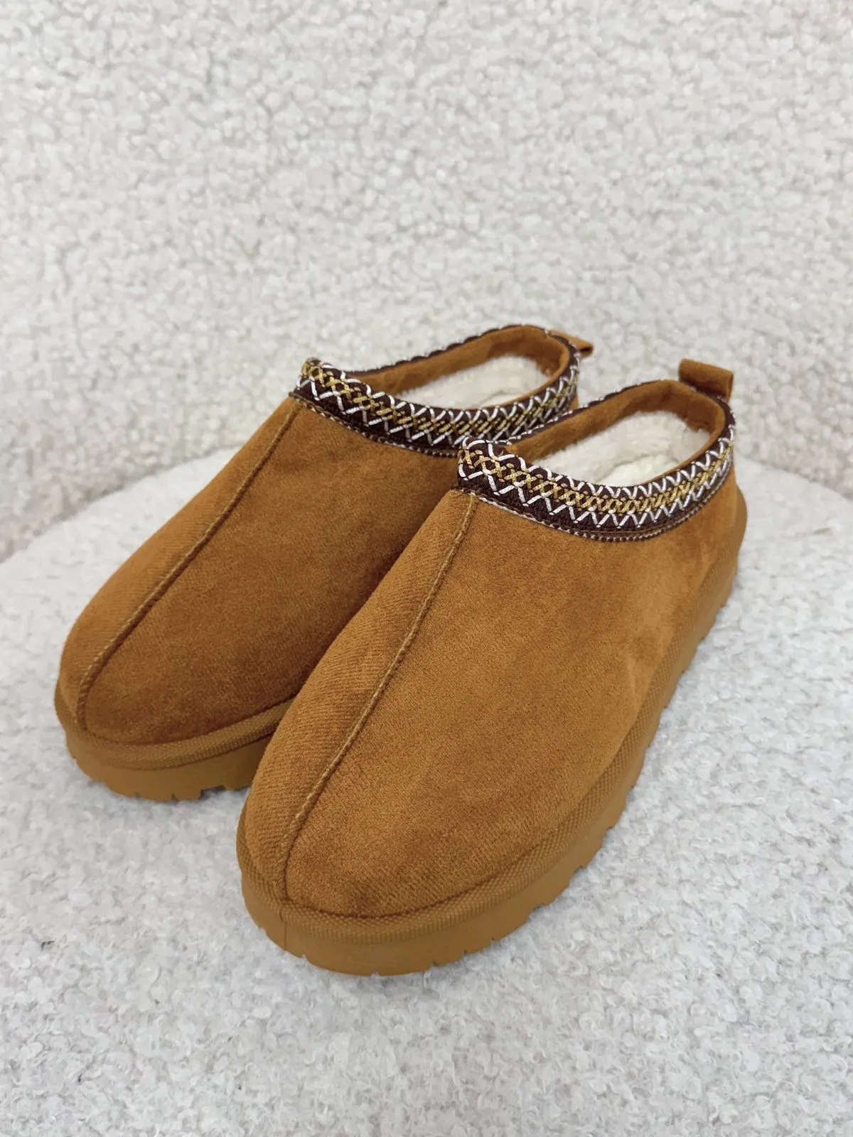 Asher Embroidered Faux Fur Lined Slip On Shoes in Chestnut