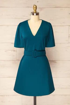 Bangkok Teal | Short A-Line Dress w/ Belt