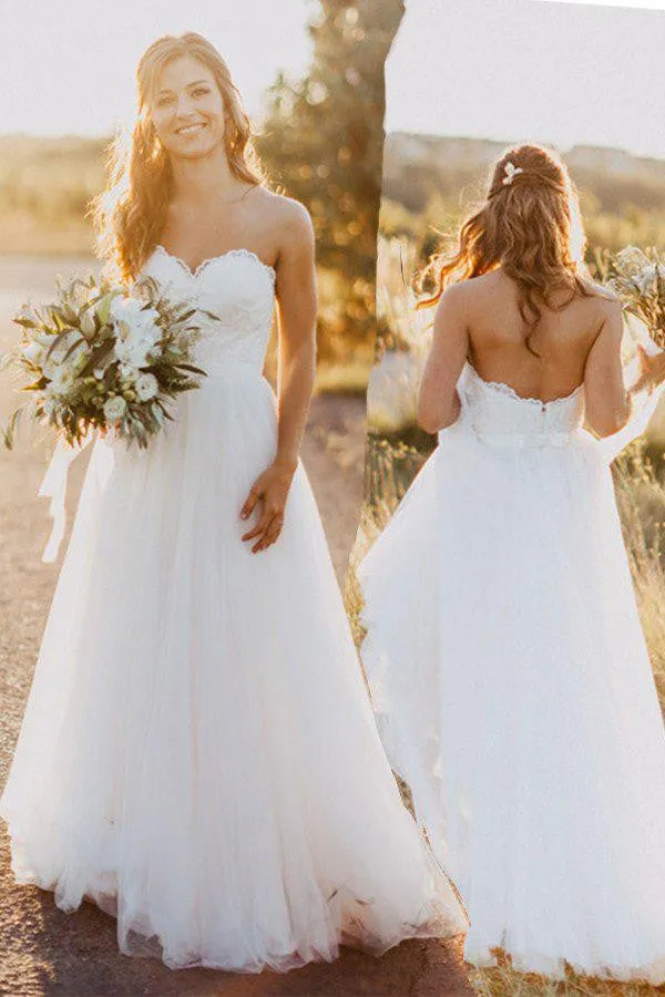 Beach Sweetheart White Wedding Dresses with Lace,Casual A Line Wedding Dresses OK109