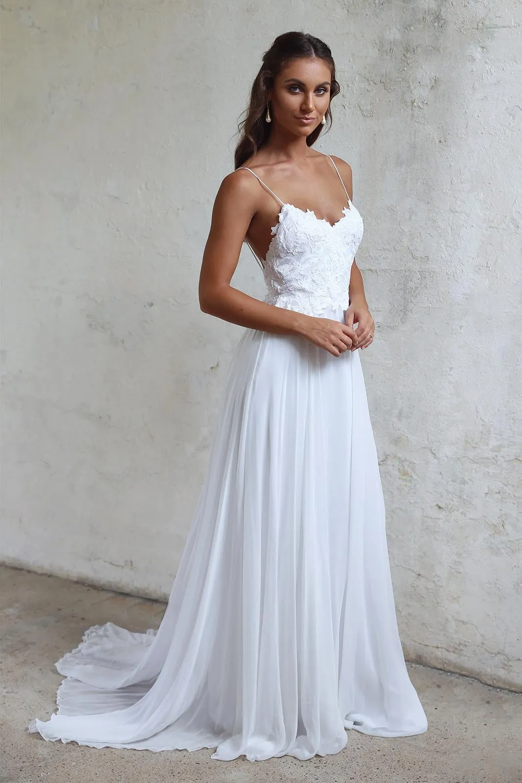 Beautiful A Line Lace Long White Spaghetti Straps Beach/Coast Wedding Dresses OK270