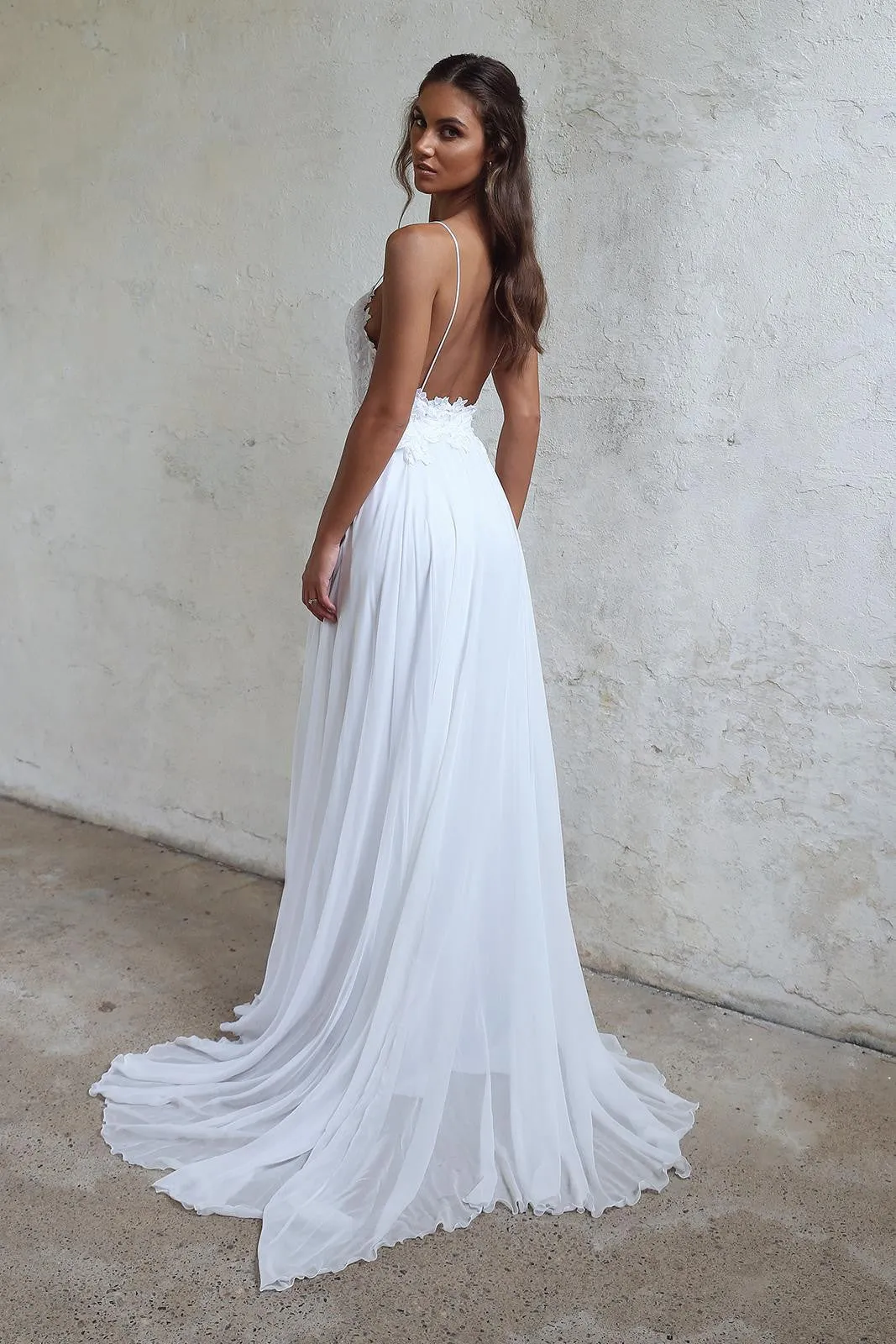 Beautiful A Line Lace Long White Spaghetti Straps Beach/Coast Wedding Dresses OK270