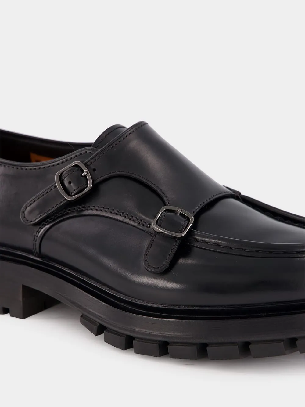 Black Polished Leather Double Buckle Shoes