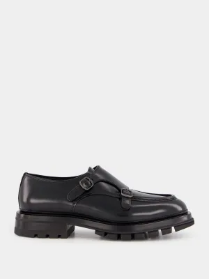 Black Polished Leather Double Buckle Shoes