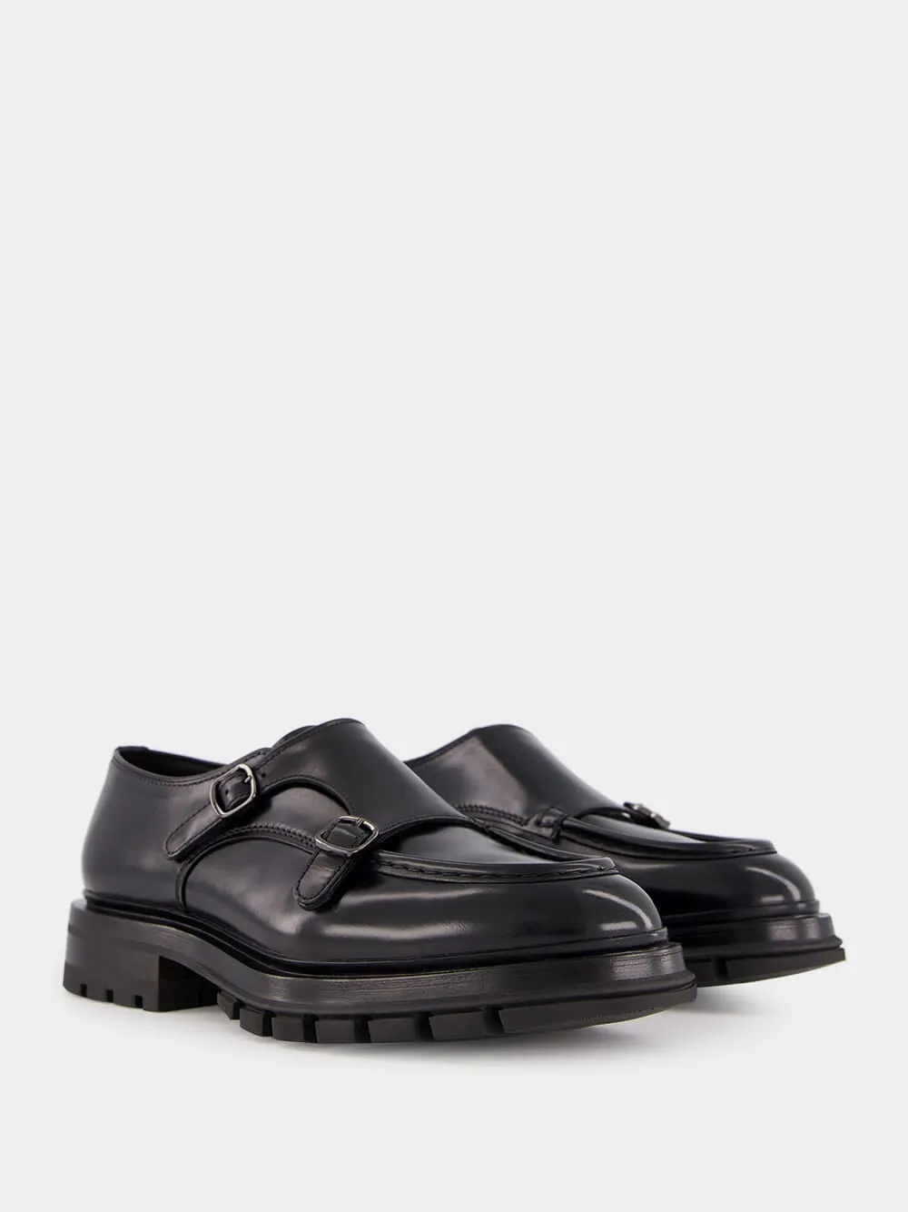 Black Polished Leather Double Buckle Shoes