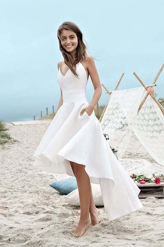 Charming Spaghetti Straps V Neck Long High Low Wedding Dress, ivory Short Homecoming Dress OK408