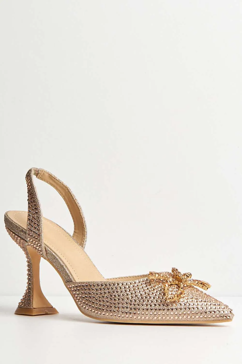 Chilla Diamante Embellished Sling Back Court Shoes in Champagne