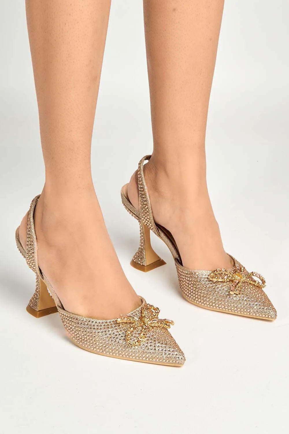 Chilla Diamante Embellished Sling Back Court Shoes in Champagne