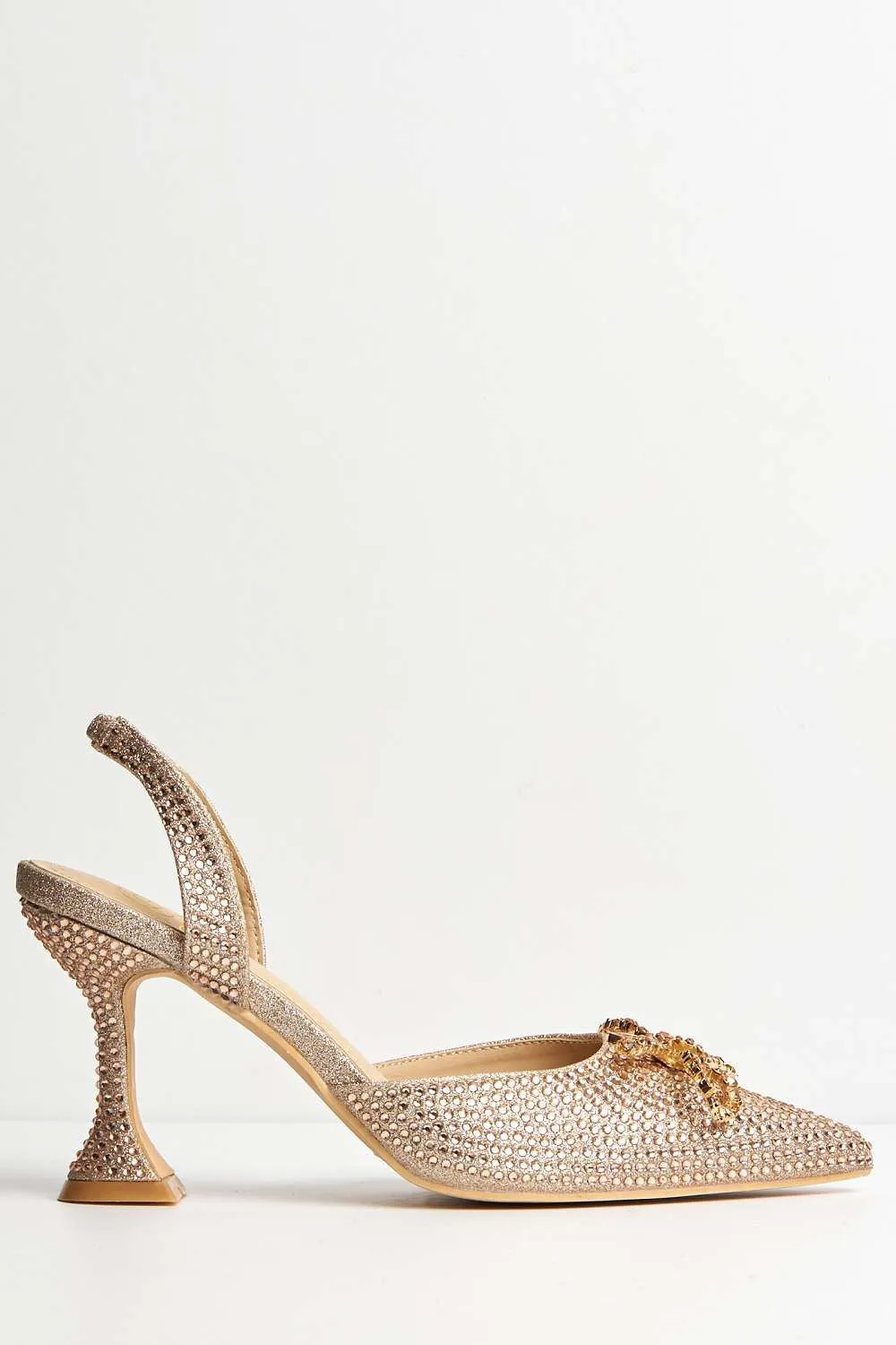 Chilla Diamante Embellished Sling Back Court Shoes in Champagne