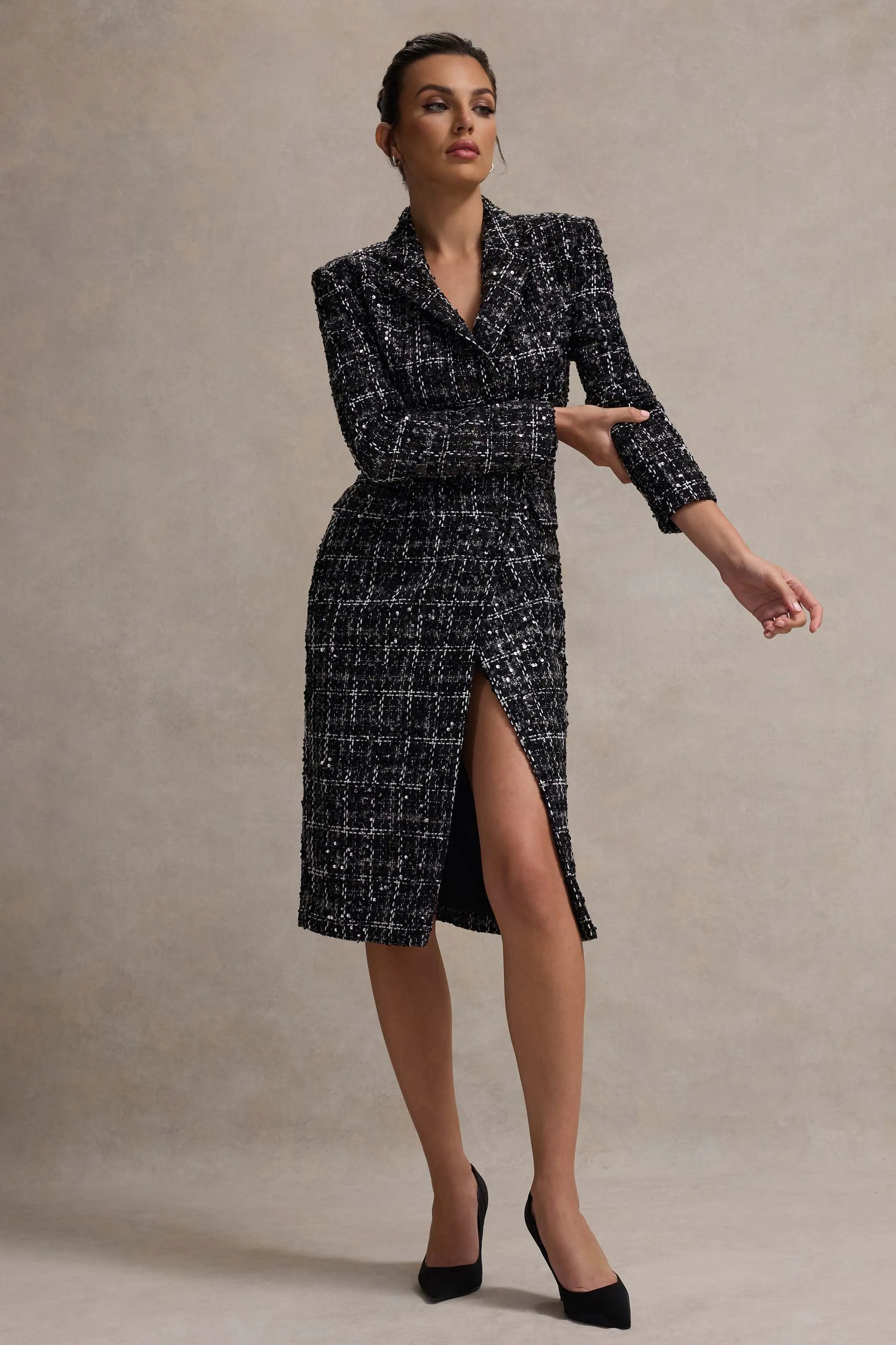 Cooper | Black Boucle Tailored Blazer Midi Dress