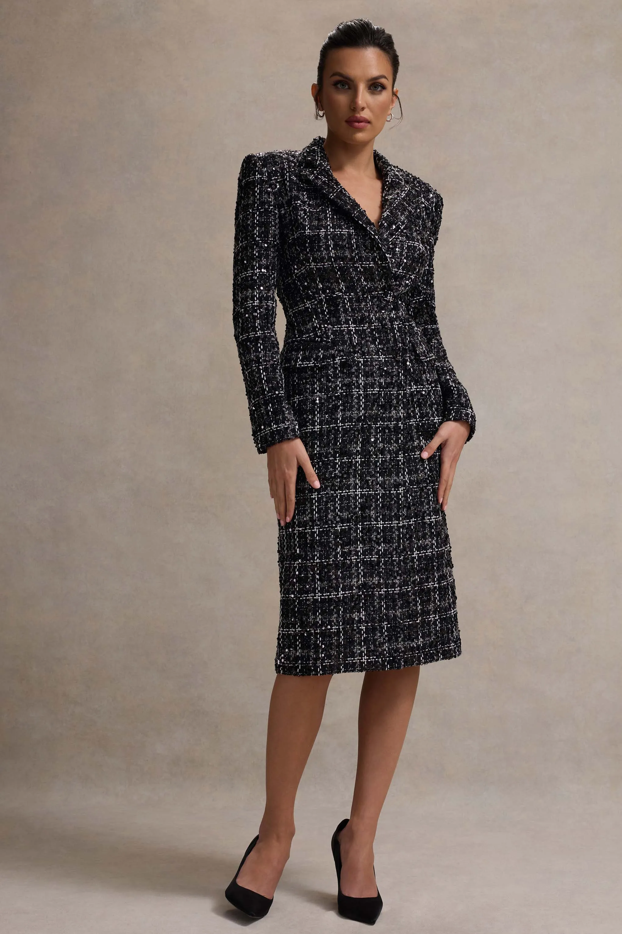 Cooper | Black Boucle Tailored Blazer Midi Dress