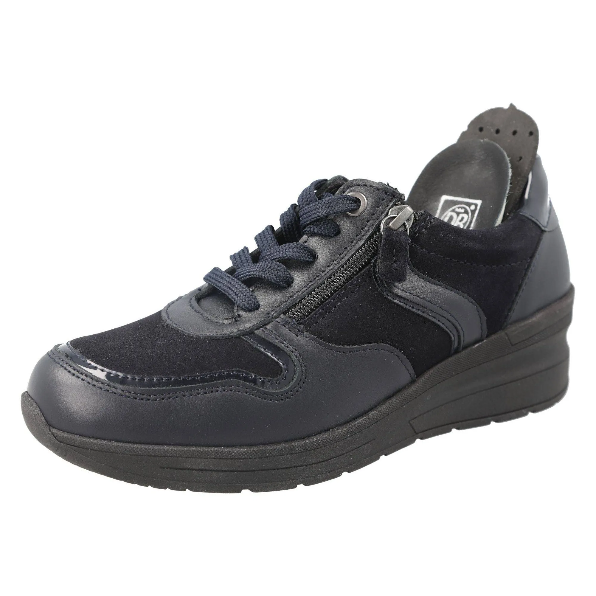 DB Shoes Fleet 2V Ladies Wide Navy Leather Zip & Lace Trainers