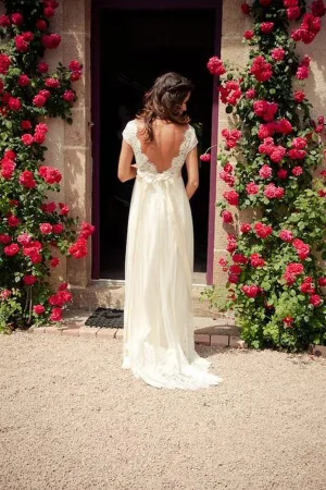 Elegant Cap Sleeve A Line V Back Cheap Long Lace Backless Wedding Dress OK389