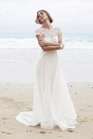 Elegant Lace A Line Round Neck Long Ivory Beach/Coast Wedding Dresses OK267