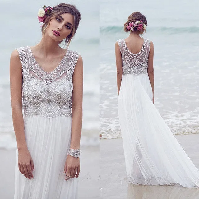 Fashion Chiffon Beading Long V-neck A Line Beach/Coast Wedding Dresses,Pretty Bridal Gowns OK265