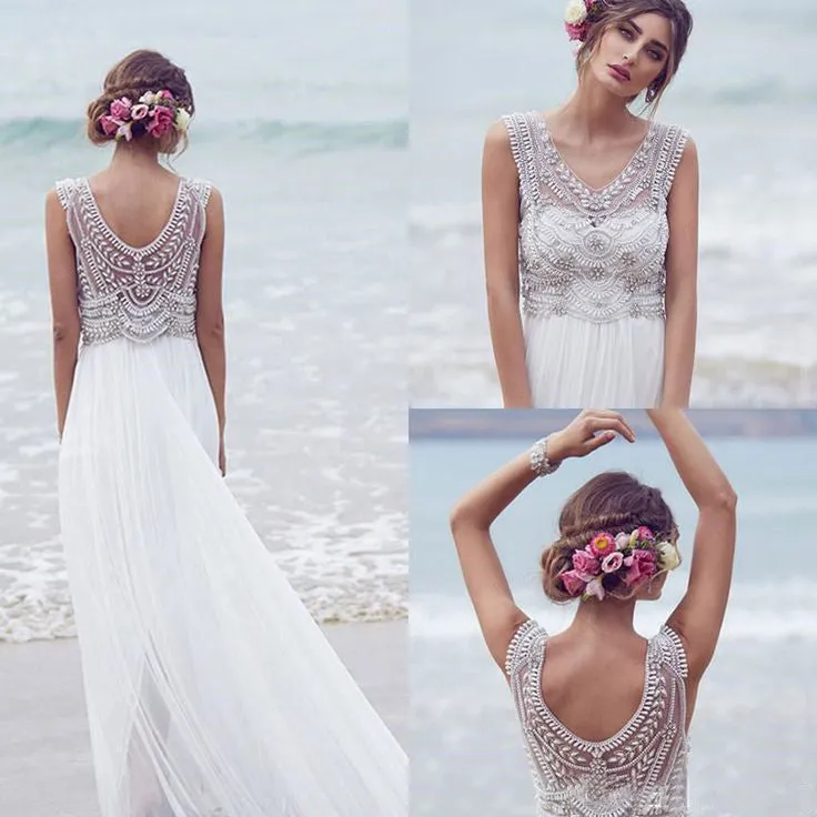 Fashion Chiffon Beading Long V-neck A Line Beach/Coast Wedding Dresses,Pretty Bridal Gowns OK265