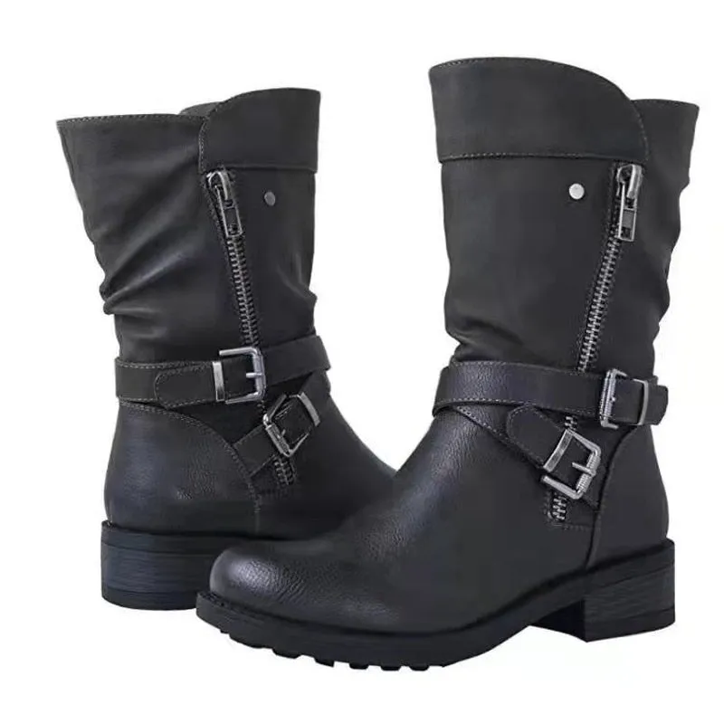 Fashionkova  Shoes Women's Leather Boots Retro Belt Buckle Mid Calf Boots Round Toe 2022 Water Proof Casual Martin Boots Women Botas De Mujer