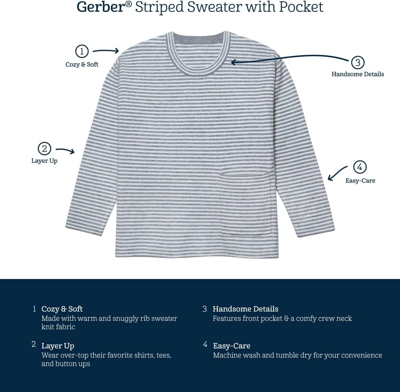 Gerber Baby Infant Striped Sweater with Pocket Gray Heather 24M