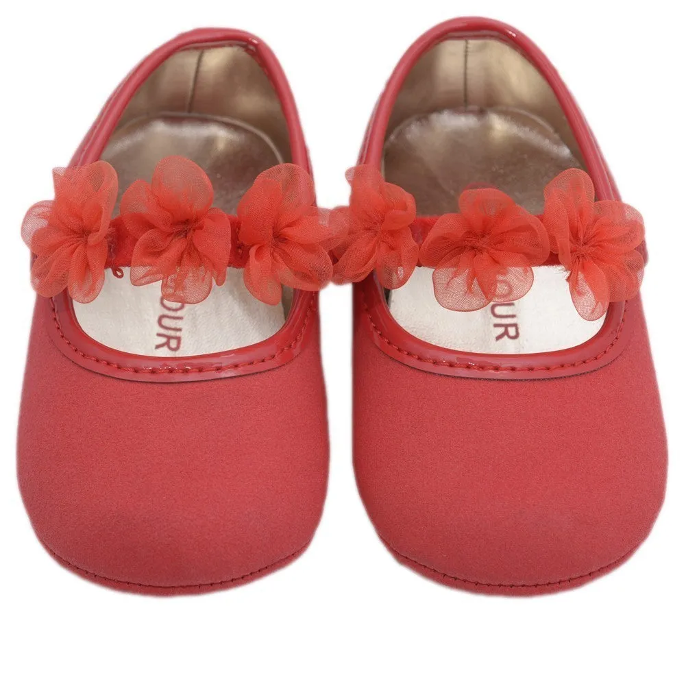 Girls Red Organza Flower Elastic Strap Crib Shoes 0-5 Baby