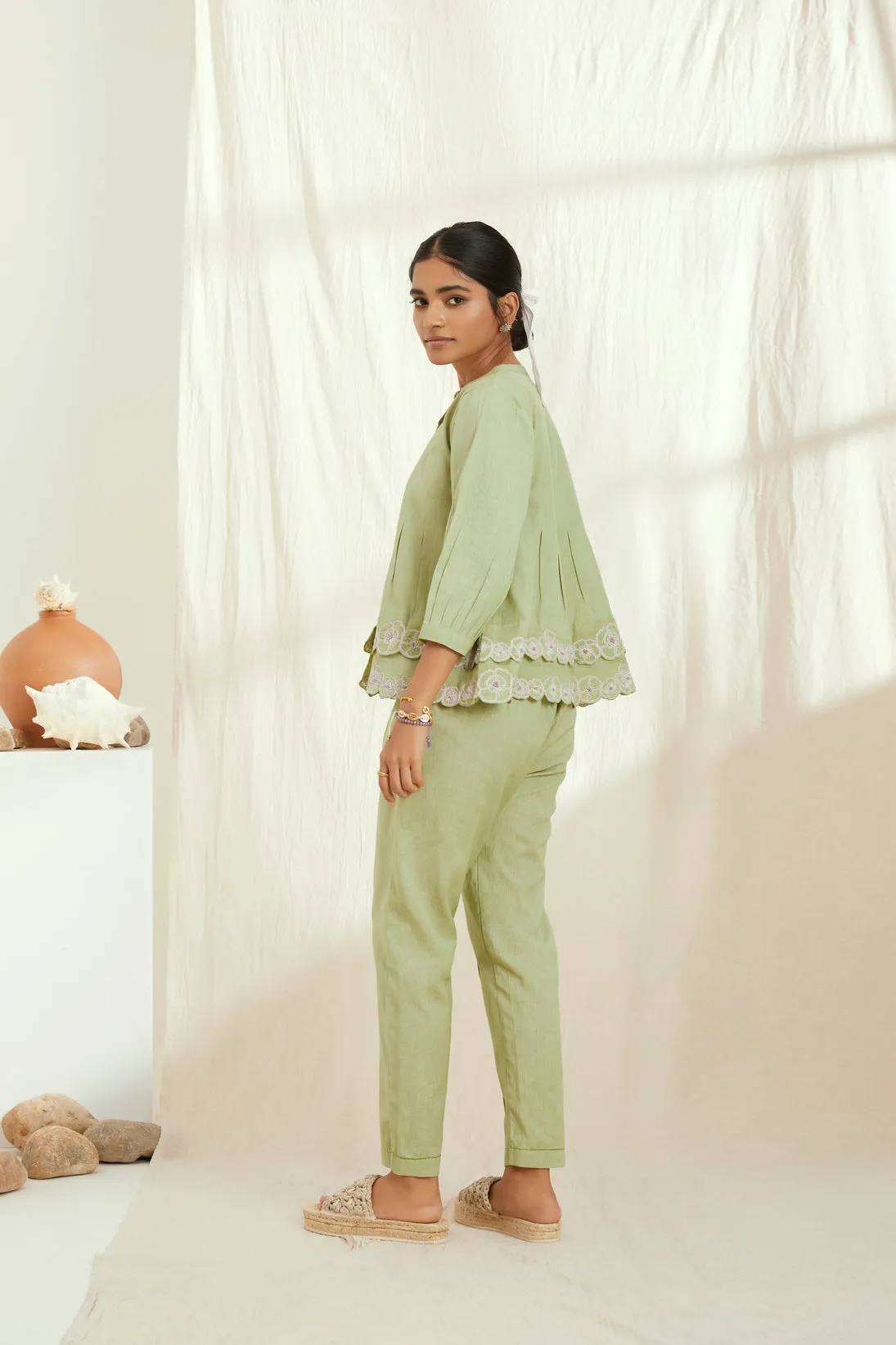 Green linen hand embroidered co-ord set