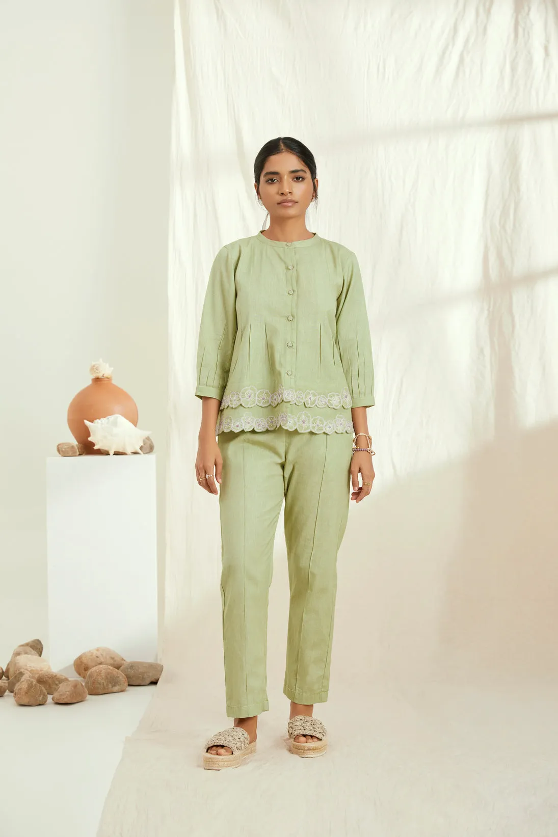 Green linen hand embroidered co-ord set