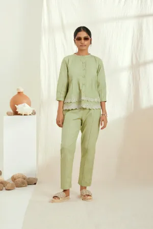 Green linen hand embroidered co-ord set