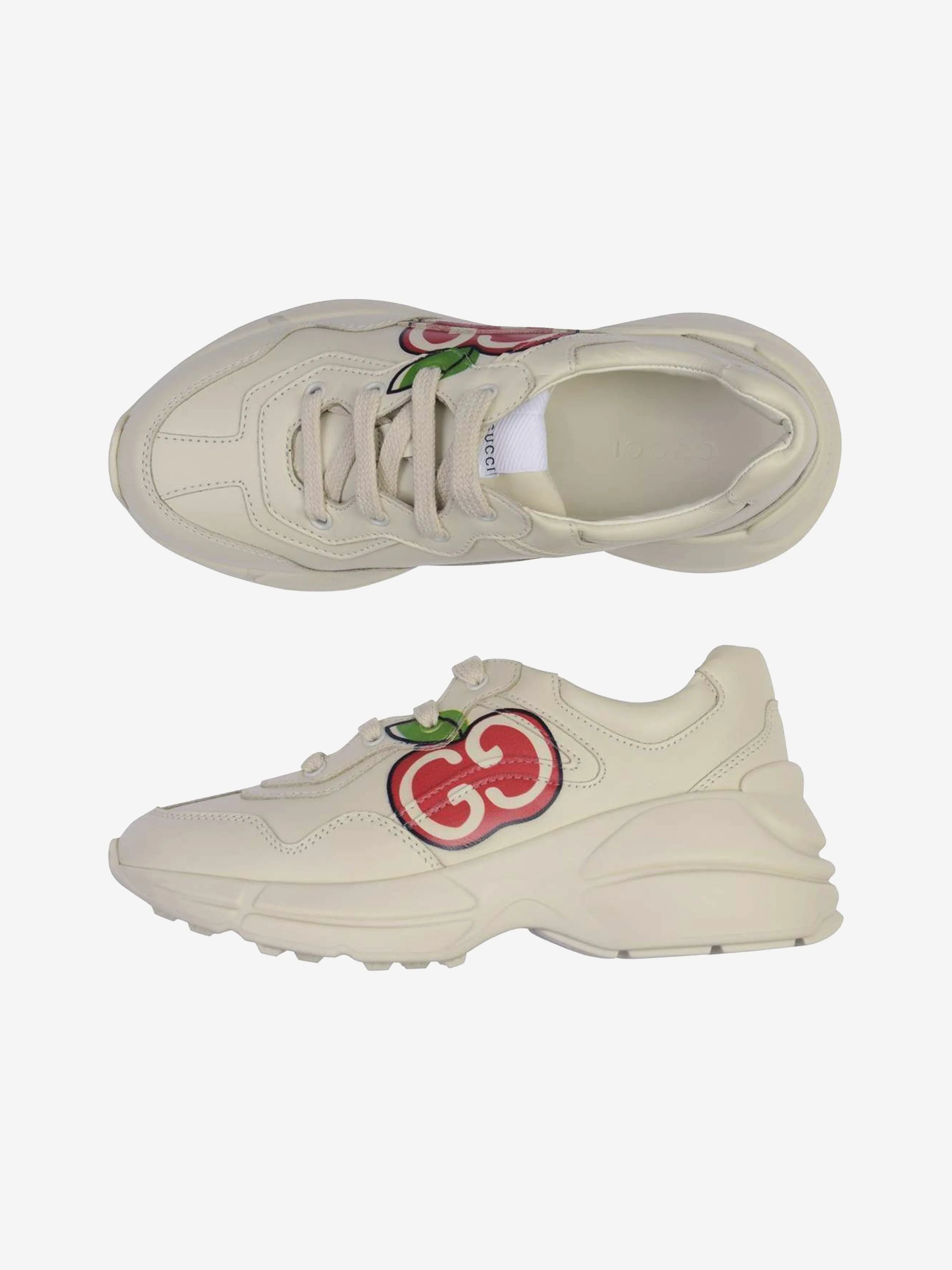 Gucci Kids Trainers - Ivory Leather Apple Print Rhyton Trainers