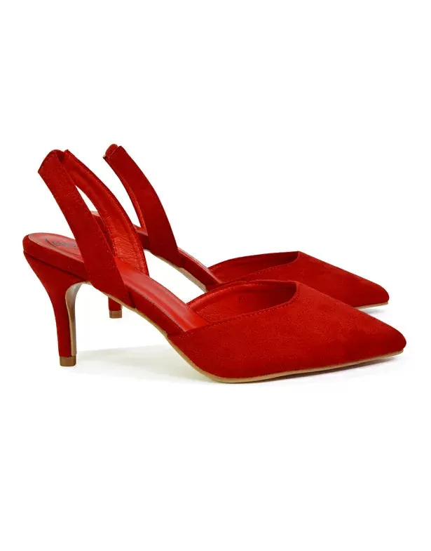 Imogen Pointed Toe Sling Back Stiletto Mid Heel Court Shoes in Red