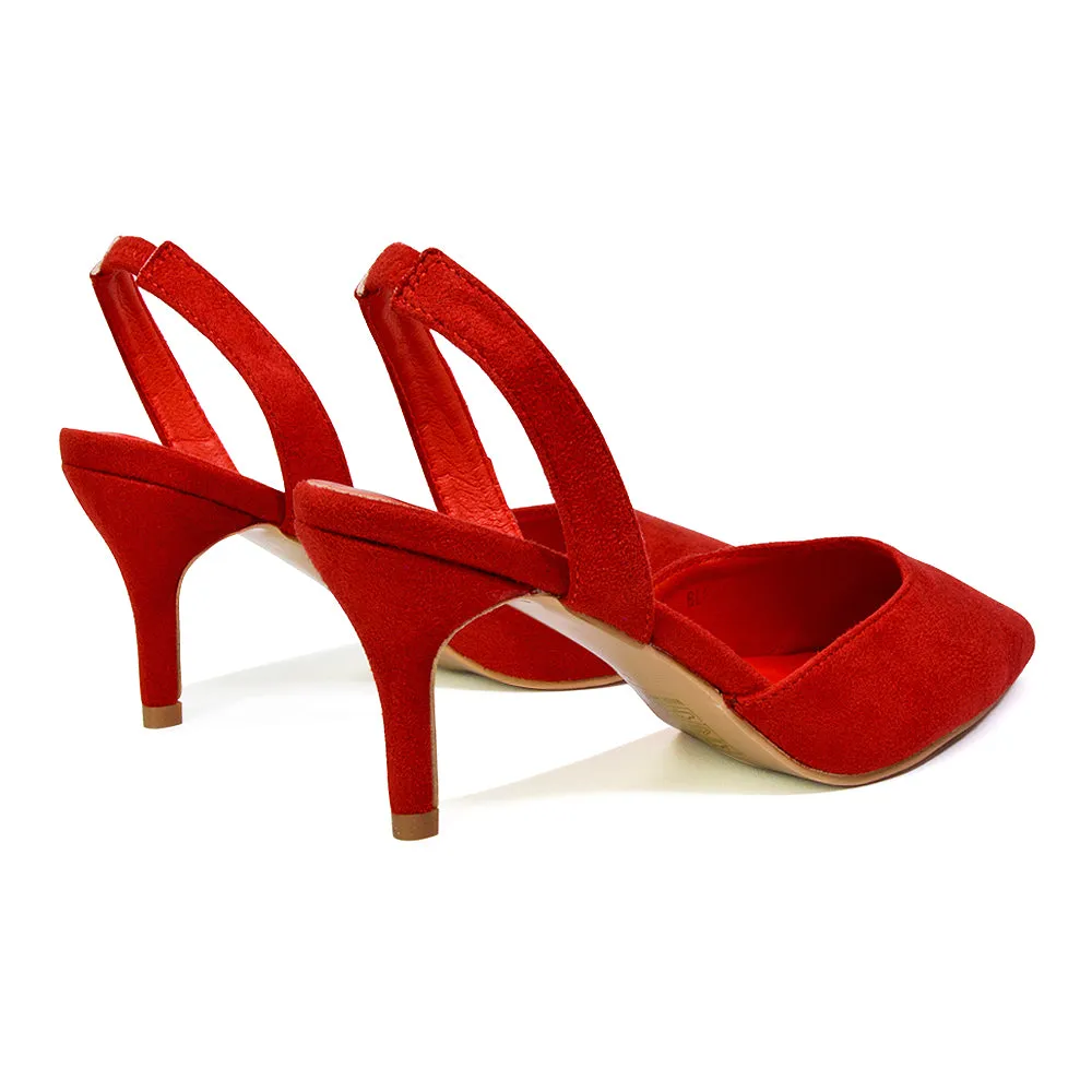 Imogen Pointed Toe Sling Back Stiletto Mid Heel Court Shoes in Red