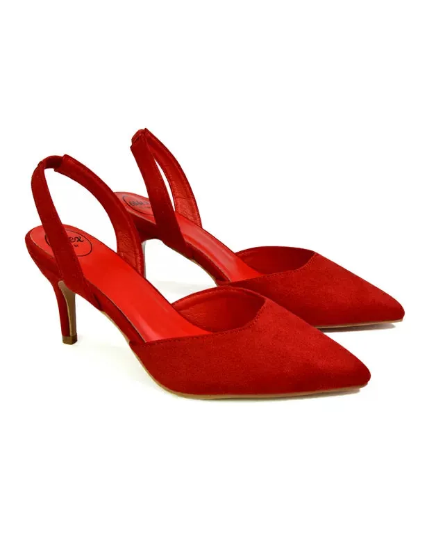 Imogen Pointed Toe Sling Back Stiletto Mid Heel Court Shoes in Red