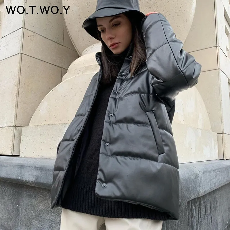 Joskaa Christmas Gift WOTWOY Cotton Liner Winter Leather Jacket Women Casual Thickening Padded Parkas Womens Loose Warm Black Coats Female Windbreaker