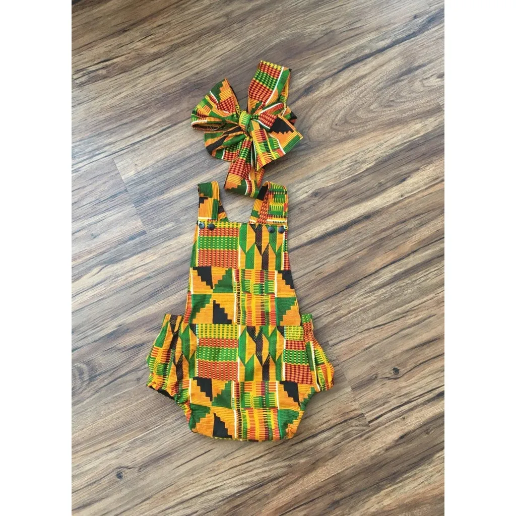 Kente Baby Romper Set with Head Wrap and Shoes