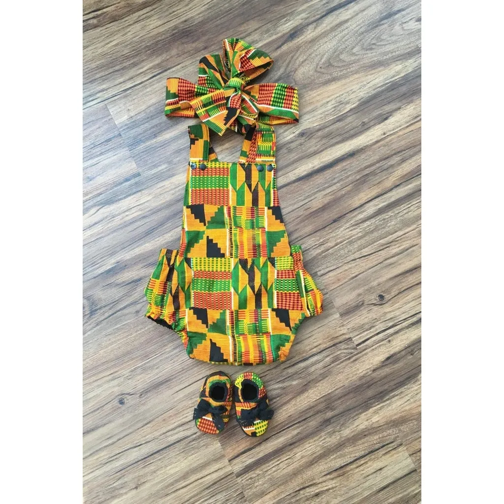 Kente Baby Romper Set with Head Wrap and Shoes