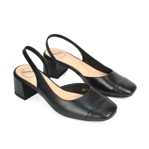 Kyla Low Block Heels Square Toe Slingback Court Shoes in Black Synthetic Leather