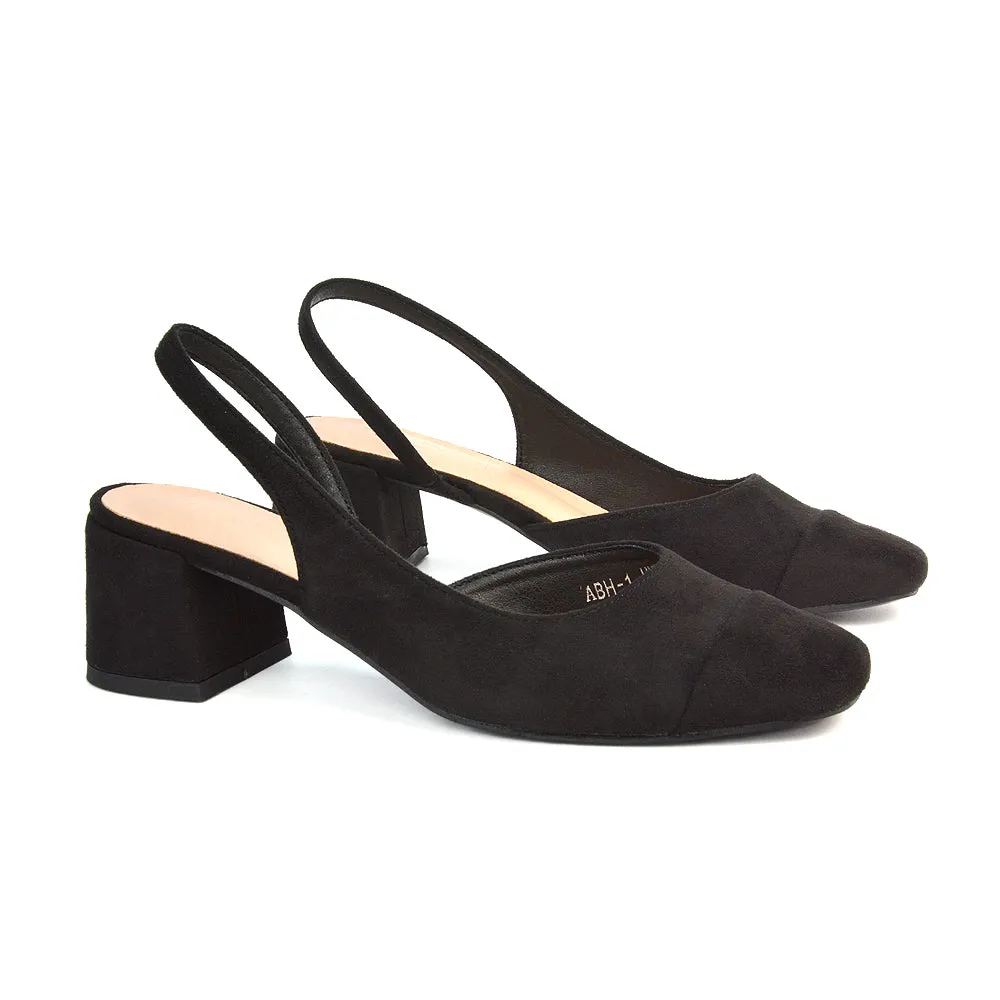 Kyla Low Block Heels Square Toe Slingback Court Shoes in Black Synthetic Leather