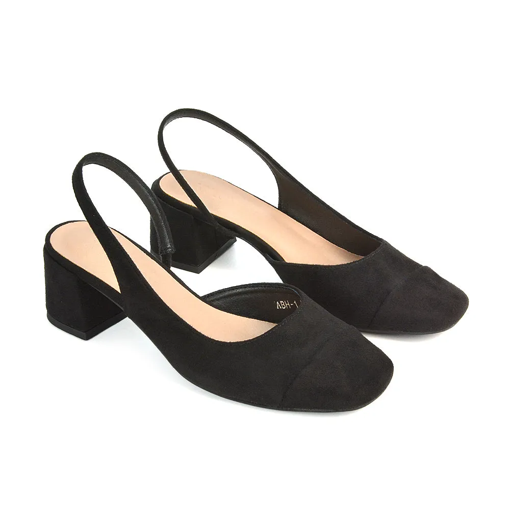 Kyla Low Block Heels Square Toe Slingback Court Shoes in Black Synthetic Leather