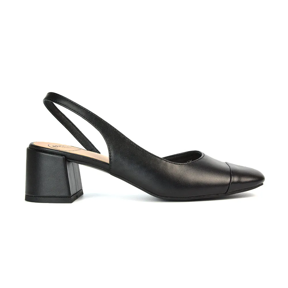 Kyla Low Block Heels Square Toe Slingback Court Shoes in Black Synthetic Leather