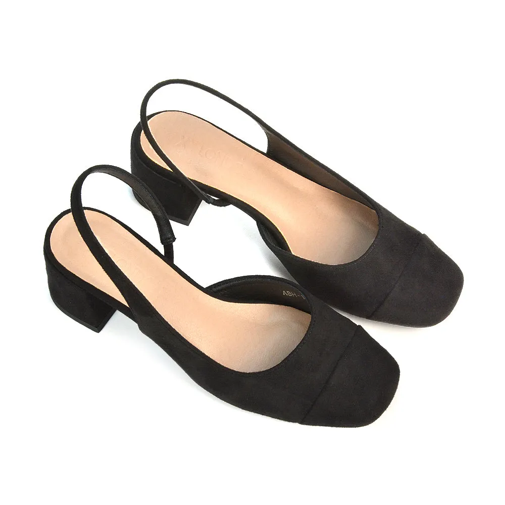 Kyla Low Block Heels Square Toe Slingback Court Shoes in Black Synthetic Leather