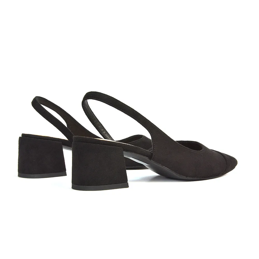 Kyla Low Block Heels Square Toe Slingback Court Shoes in Black Synthetic Leather