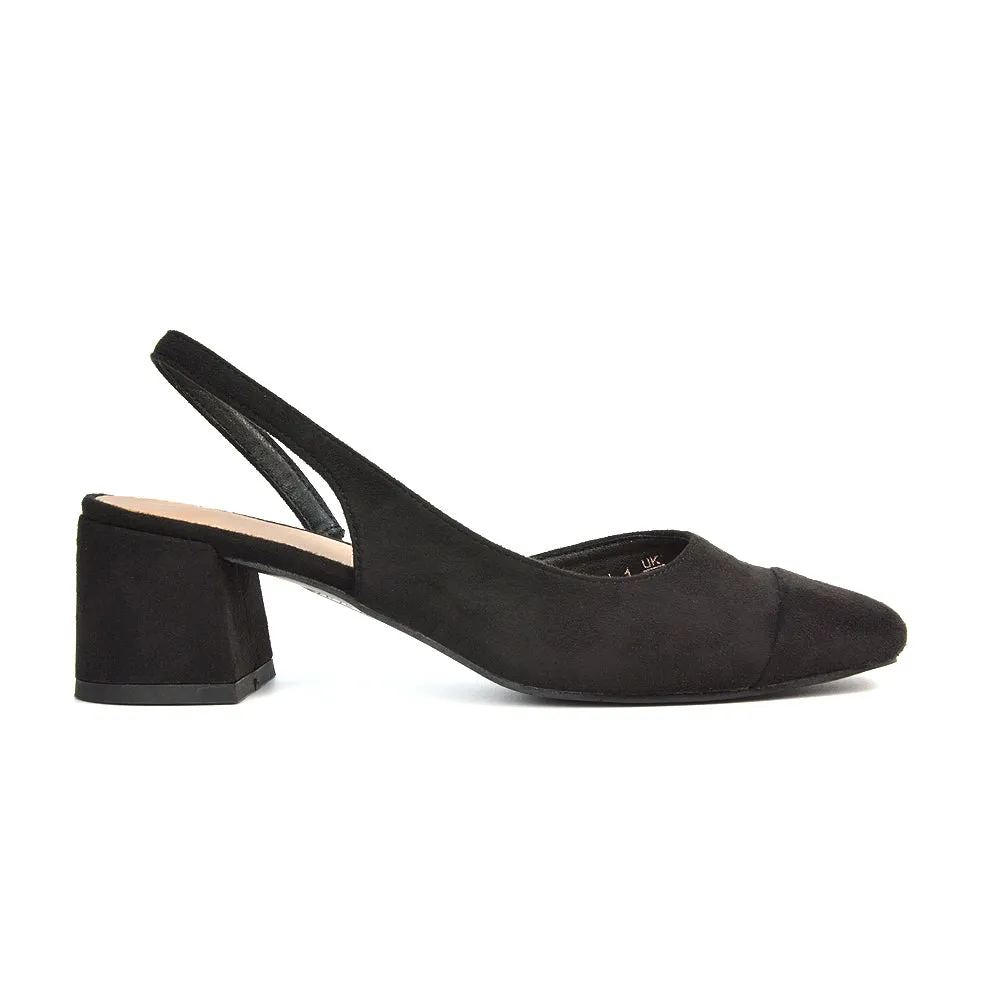 Kyla Low Block Heels Square Toe Slingback Court Shoes in Black Synthetic Leather