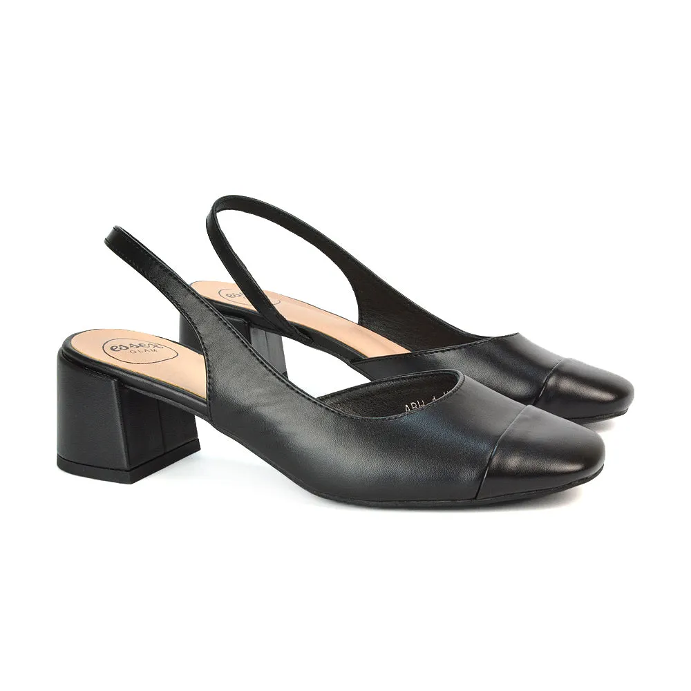 Kyla Low Block Heels Square Toe Slingback Court Shoes in Black Synthetic Leather