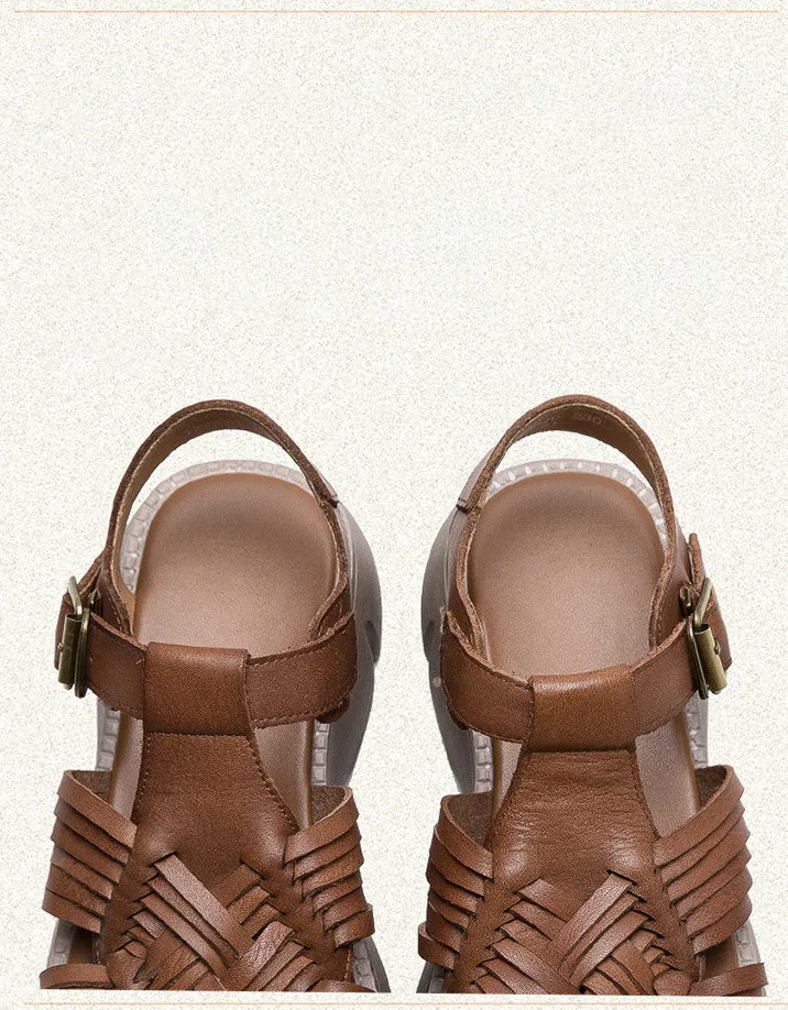 Leather Braid Open Toe Platform Sandals Slingback