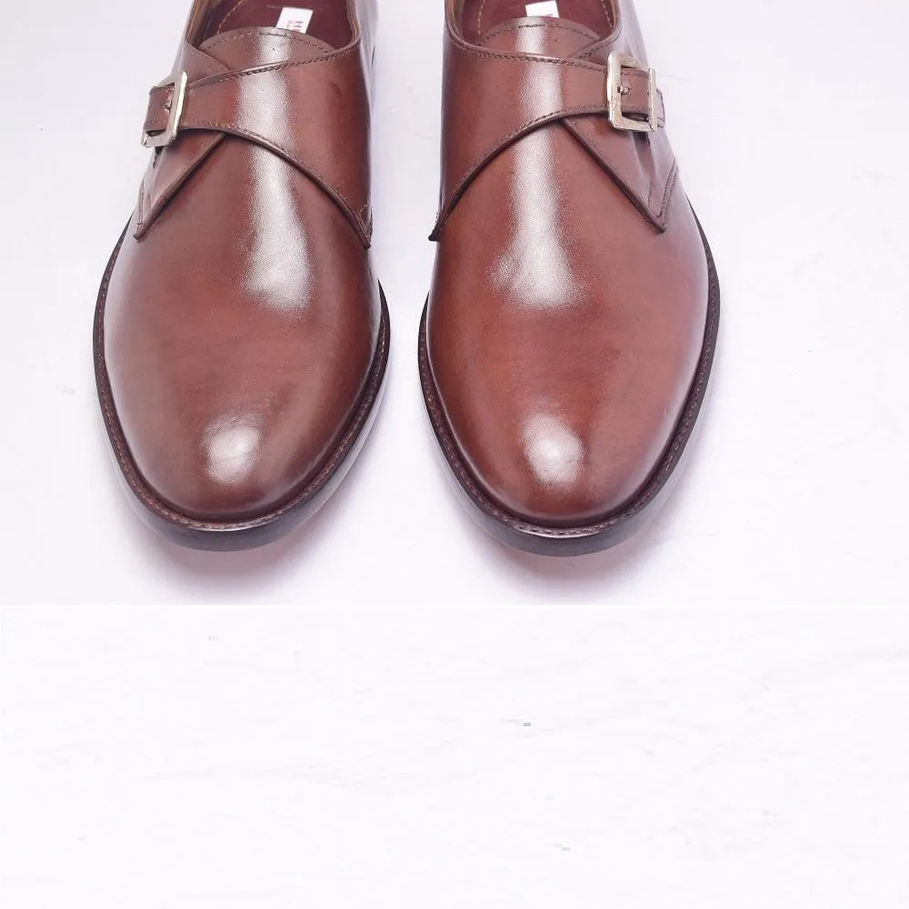 Men Brown Monk Genuine Handmade Leather Shoes