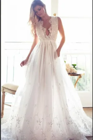 Modest A Line Chiffon V-neck Long Appliqued Wedding Dress,Custom Made Beach Wedding Dress OK268