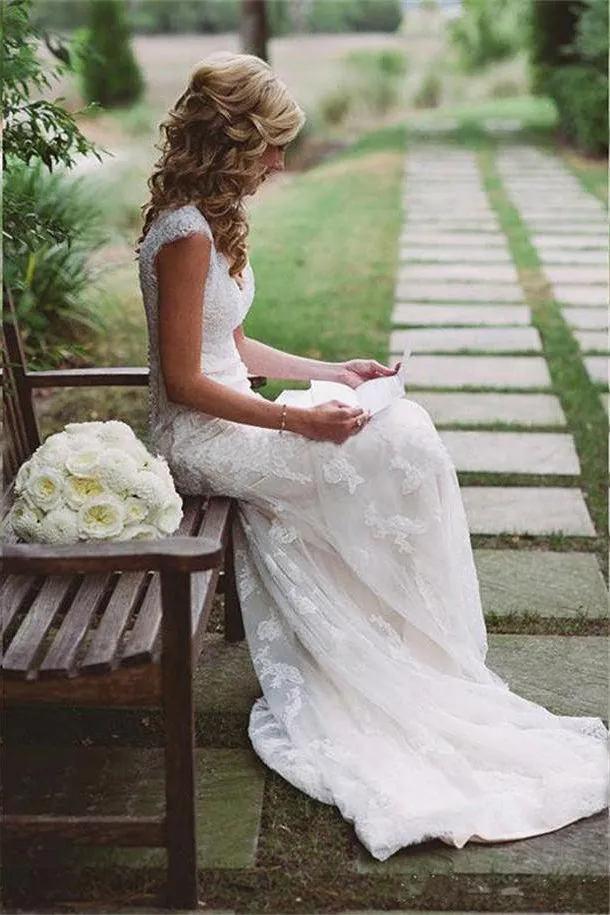 Modest Lace Wedding Dress with Appliques,Cap Sleeves Open Back Wedding Gowns new OK420