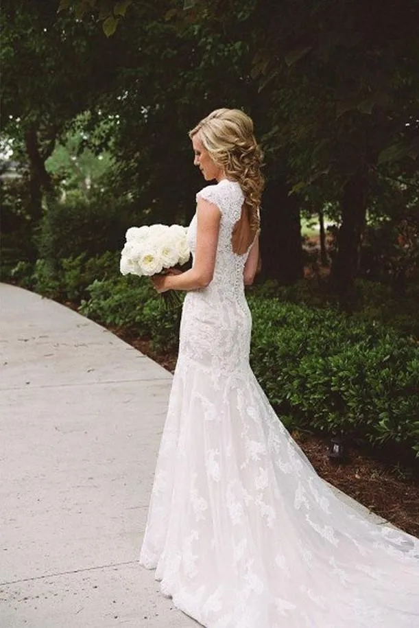 Modest Lace Wedding Dress with Appliques,Cap Sleeves Open Back Wedding Gowns new OK420