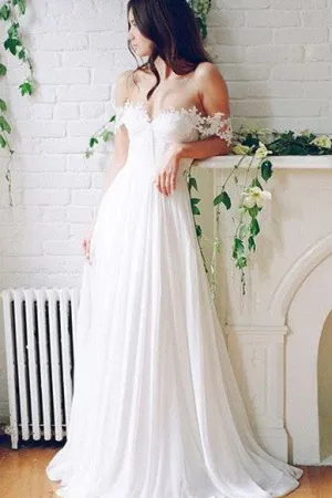 Off-the-shoulder A-line Lace Beach Wedding Dress,Simple White Chiffon Prom Dresses new OK282