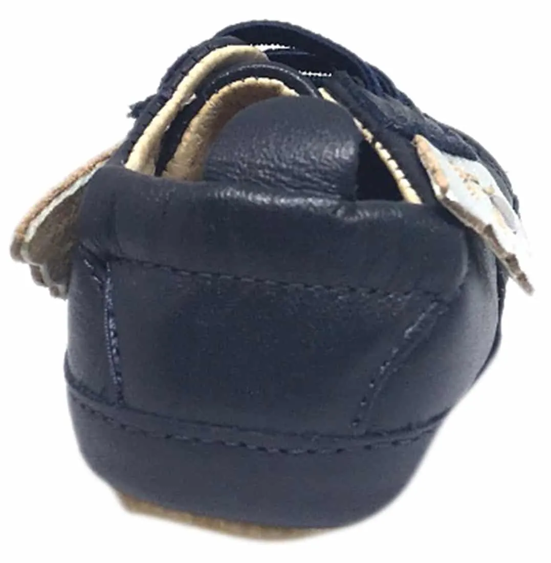 Old Soles Boy's and Girl's Navy & Silver Winged Leather Bambini Wings Elastic Lace Slip On Crib Walker Baby Shoe