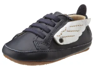 Old Soles Boy's and Girl's Navy & Silver Winged Leather Bambini Wings Elastic Lace Slip On Crib Walker Baby Shoe